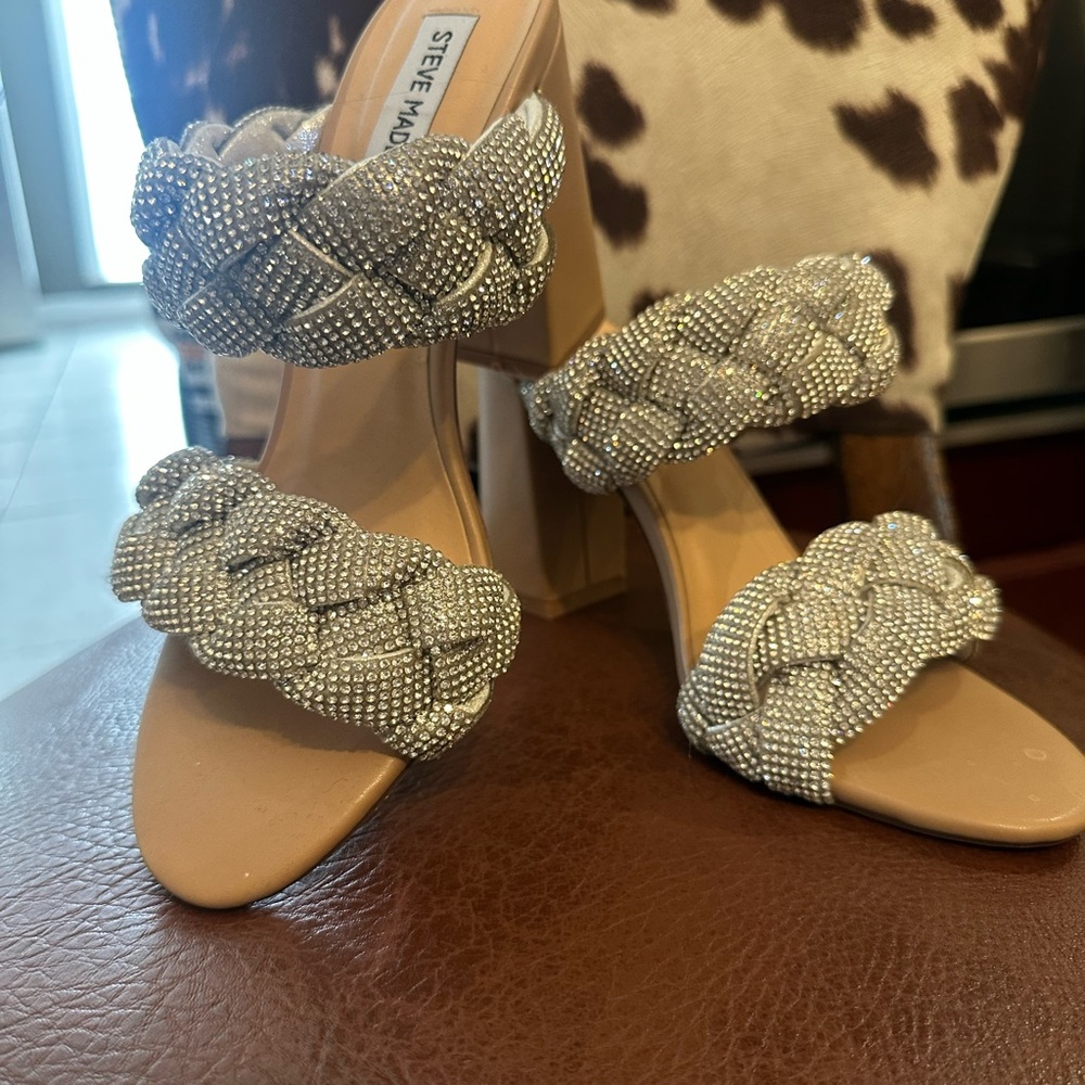 Steve Madden Silver Braided Crystal Strap Block Heel Sandals